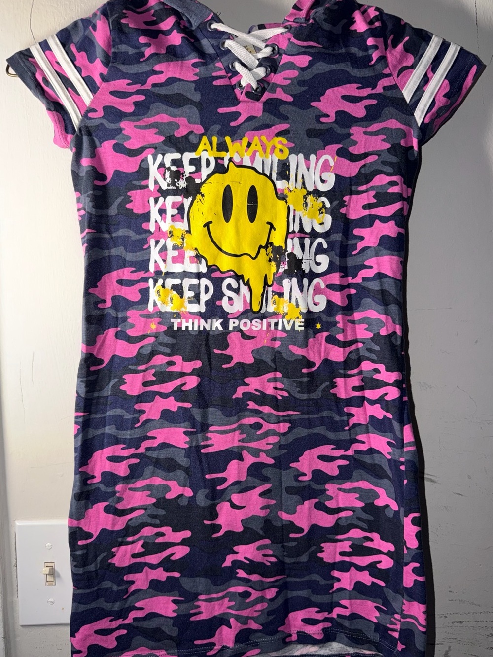Girls Pink Camo 'Think Positive' Hooded Tee Dress